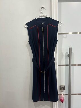 Tommy Hilfiger Navy Mini Dress with Red Piping and Front Zip